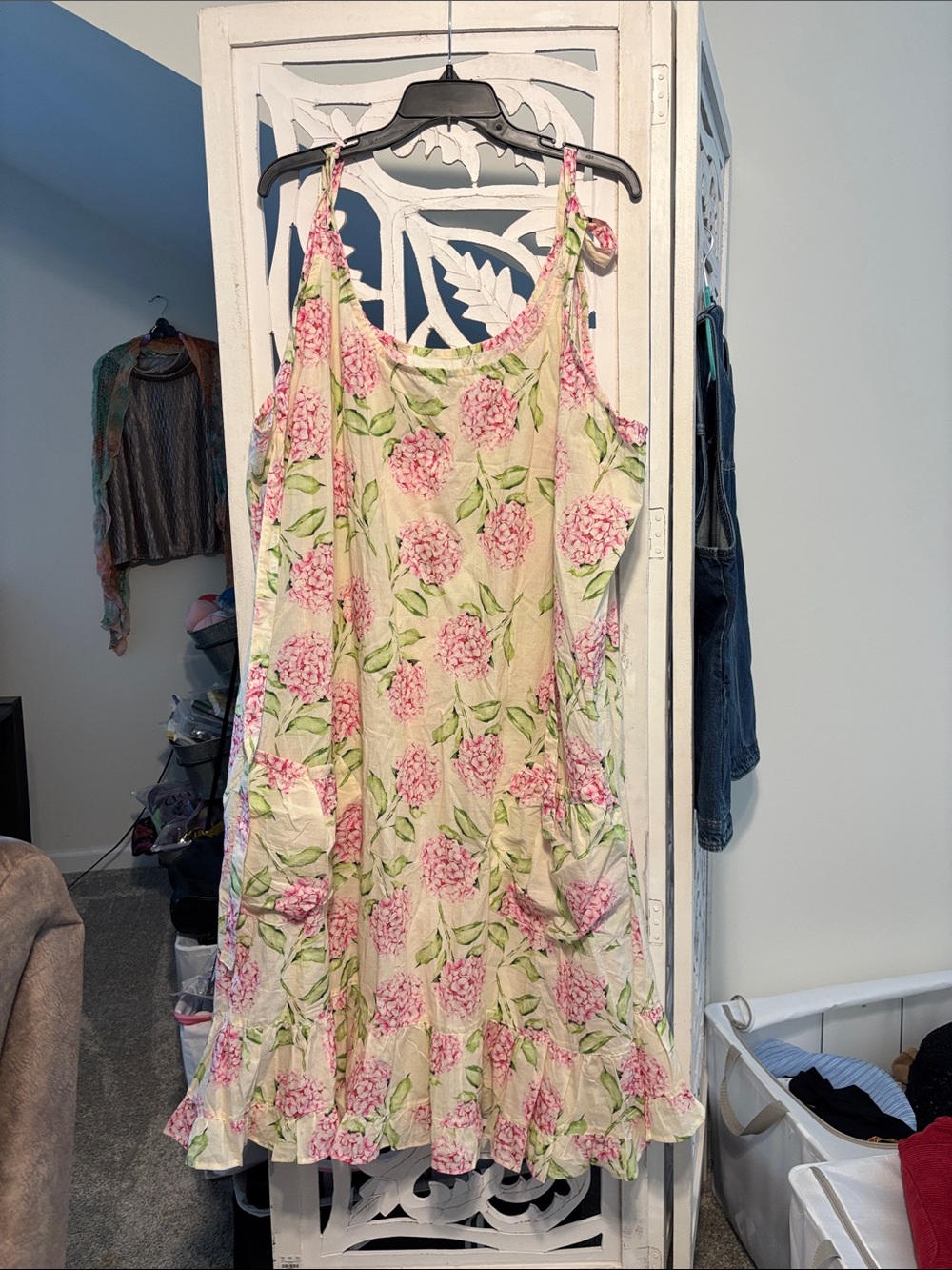 Floral Pink Hydrangea Womens Cotton Adjustable  Sundress